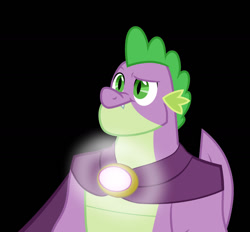 Size: 1280x1187 | Tagged: safe, artist:cloudyglow, artist:disneymarvel96, derpibooru import, edit, spike, dragon, the last problem, black background, brooch, cape, clothes, gigachad spike, glowing, jewelry, light up, male, older, older spike, shine, simple background, solo, vector, vector edit