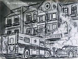 Size: 1256x955 | Tagged: safe, artist:china consists of them!, derpibooru import, twilight sparkle, fallout equestria, ambulance, attack, car, monochrome, police, police car, soldier, soldiers, traditional art, truck, vehicle