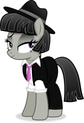 Size: 3282x4812 | Tagged: safe, artist:anime-equestria, derpibooru import, octavia melody, earth pony, pony, alternate hairstyle, clothes, female, full body, hat, high res, hooves, jewelry, lidded eyes, mare, necklace, necktie, shadow, short hair, simple background, smiling, solo, standing, suit, tail, three quarter view, transparent background, vector