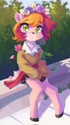 Size: 1145x2048 | Tagged: safe, artist:saxopi, derpibooru import, oc, oc only, oc:plume fi, deer, semi-anthro, bench, clothes, colored pupils, day, deer tail, eyebrows, eyebrows visible through hair, eyelashes, flower, flower in hair, flower wreath, grass, green eyes, hoof shoes, leaves, looking at you, outdoors, patreon, patreon reward, shirt, sitting, skirt, smiling, smiling at you, solo, tail, white shirt
