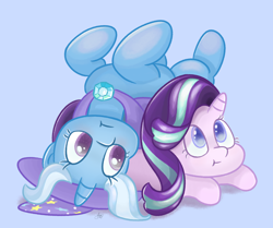 Size: 2160x1803 | Tagged: safe, artist:limitmj, derpibooru import, starlight glimmer, trixie, pony, unicorn, to change a changeling, cape, clothes, hat, high res, lying down, on back, scene interpretation, trixie's cape, trixie's hat