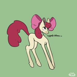 Size: 1500x1500 | Tagged: safe, artist:corduroy_exe, derpibooru import, apple bloom, earth pony, pony, female, filly, foal, full body, green background, hooves, signature, simple background, solo, standing, tail