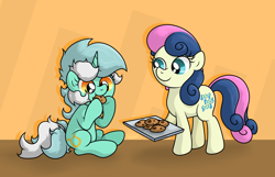 Size: 3934x2531 | Tagged: safe, artist:background basset, derpibooru import, bon bon, lyra heartstrings, sweetie drops, earth pony, pony, unicorn, abstract background, baking sheet, cookie, cute, eating, female, food, happy, lyrabetes, mare, sitting, smiling