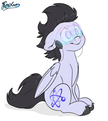 Size: 2500x2800 | Tagged: safe, artist:fluffyxai, derpibooru import, oc, oc only, oc:wing, pegasus, pony, accessories, blushing, hypnogear, hypnosis, hypnotized, male, sitting, smiling, solo, stallion