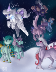 Size: 900x1150 | Tagged: safe, artist:hololynx, derpibooru import, north star (g1), powder, princess tiffany, so soft twilight, wind whistler, earth pony, pegasus, pony, unicorn, g1, angel (g1), bow, clothes, colored wings, feathered fetlocks, female, flying, hat, leonine tail, magic wand, mare, mouth hold, multicolored wings, night, night sky, peppermint crunch (g1), scarf, sky, snow, snowfall, spread wings, stars, tail, tail bow, unshorn fetlocks, wings