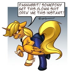 Size: 1011x946 | Tagged: safe, artist:applepost67, derpibooru import, applejack, alicorn, pony, alicornified, applebutt, applecorn, applejack is not amused, bunny suit, butt, clothes, cuffs (clothes), female, leotard, looking back, mare, pantyhose, plot, race swap, solo, speech bubble, unamused