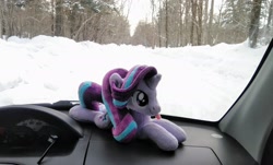 Size: 2048x1238 | Tagged: safe, derpibooru import, photographer:pakapaka1993, starlight glimmer, pony, unicorn, car, car interior, irl, japan, photo, plushie, snow, solo, tongue, tongue out, winter