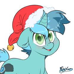 Size: 2414x2413 | Tagged: safe, artist:fluffyxai, derpibooru import, oc, oc only, oc:minty breeze, pony, unicorn, blushing, christmas, cute, festive, hat, holiday, looking at you, santa hat, smiling, solo