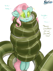 Size: 3724x5000 | Tagged: safe, artist:fluffyxai, derpibooru import, minty, oc, oc:melyssa, lamia, original species, blushing, coiling, coils, crying, drool, hypnosis, imminent vore, smiling, speech, squeezing, squished, tail, tail wrap, talking, wrapped snuggly, wrapped up