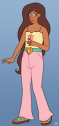 Size: 734x1552 | Tagged: safe, artist:greenarsonist, derpibooru import, fluttershy, human, undead, vampire, belt, belt buckle, blue background, blushing, clothes, dark skin, feet, female, humanized, long hair, natural hair color, sandals, sharp teeth, shoes, simple background, smiling, solo, teeth, tooth, trans female, transgender