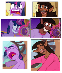 Size: 1190x1402 | Tagged: safe, artist:greenarsonist, derpibooru import, screencap, twilight sparkle, twilight sparkle (alicorn), alicorn, human, pony, between dark and dawn, party pooped, dark skin, golden oaks library, humanized, magic, screencap reference, screenshot redraw, solo, telekinesis, twilight snapple