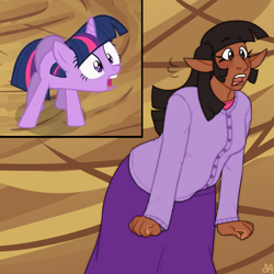 Size: 1200x1200 | Tagged: safe, artist:greenarsonist, derpibooru import, screencap, twilight sparkle, twilight sparkle (alicorn), alicorn, human, pony, abstract background, dark skin, golden oaks library, humanized, screencap reference, screenshot redraw, solo