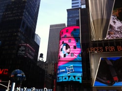 Size: 1024x765 | Tagged: safe, derpibooru import, pinkie pie, earth pony, 2012, advertisement, billboard, female, hasbro, hasbro logo, irl, logo, mare, nasdaq, new york city, photo, smiling, times square