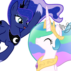 Size: 720x720 | Tagged: safe, artist:sallyso, derpibooru import, princess celestia, princess luna, alicorn, pony, bust, duo, ethereal mane, eyelashes, eyes closed, female, hoof shoes, mare, peytral, signature, simple background, starry mane, white background