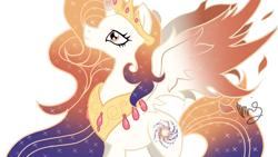 Size: 1280x720 | Tagged: safe, artist:sallyso, derpibooru import, oc, oc only, alicorn, pony, alicorn oc, ethereal mane, eyelashes, female, horn, jewelry, mare, peytral, signature, simple background, solo, starry mane, tiara, white background, wings