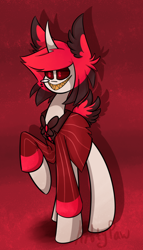 Size: 800x1400 | Tagged: safe, artist:sunnypaw121, derpibooru import, pony, unicorn, alastor, clothes, grin, hazbin hotel, ponified, signature, smiling