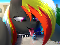 Size: 2560x1920 | Tagged: safe, artist:skanim-sdw, derpibooru import, oc, oc only, oc:darky wings, oc:genka, earth pony, pony, commission, drool, drool string, female, giant pony, giantess, hooves, laughing, licking, looking down, macro, macro/micro, maw, micro, smiling, spit, tickling, tiny, tiny ponies, tongue, tongue out, vore
