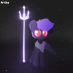 Size: 2000x2000 | Tagged: safe, artist:arche, derpibooru import, oc, oc:arche, earth pony, pony, clothes, earth pony oc, epic, lineless, magic, my little pony, no iris, no mouth, particles, scarf, solo, terraria, trident