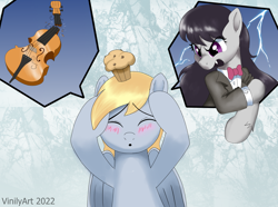 Size: 2660x1984 | Tagged: safe, artist:vinilyart, derpibooru import, derpy hooves, octavia melody, earth pony, pegasus, pony, angry, blushing, broken, cello, duo, eyes closed, food, muffin, musical instrument, open mouth, this will end in pain