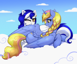 Size: 4000x3333 | Tagged: safe, artist:confetticakez, derpibooru import, oc, oc only, oc:jet stream, oc:platinum band, alicorn, pegasus, pony, alicorn oc, assisted preening, blue coat, blue sky, blushing, bonding, braid, cloud, colored pupils, cute, duo, ear piercing, eyebrows, eyebrows visible through hair, eyelashes, female, fluffy, friends, friendship, golden eyes, grooming, hairband, happy, high res, horn, lying down, lying on a cloud, mare, multicolored mane, multicolored tail, on a cloud, on side, one eye closed, one wing out, patreon, patreon reward, pegasus oc, piercing, preening, prone, smiling, solo, tail, two toned mane, two toned tail, wall of tags, white coat, wing fluff, wings