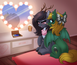 Size: 4667x3923 | Tagged: safe, artist:confetticakez, derpibooru import, oc, oc only, bat pony, deer, deer pony, original species, pony, brush, makeup, mirror, solo