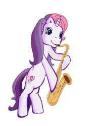 Size: 585x769 | Tagged: safe, artist:leonardo51105, derpibooru import, sweetie belle (g3), pony, unicorn, bipedal, hoof hold, musical instrument, saxophone, simple background, transparent background