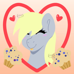 Size: 1280x1280 | Tagged: safe, artist:katelynleeann42, derpibooru import, derpy hooves, pony, bust, februpony, food, muffin, portrait, solo, tongue, tongue out