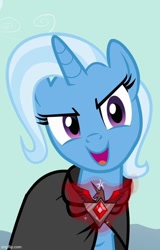 Size: 462x720 | Tagged: safe, derpibooru import, screencap, trixie, pony, unicorn, magic duel, season 3, alicorn amulet, cropped, evil trixie, female, glowing, horn, imgflip, mare, open mouth, open smile, smiling, solo
