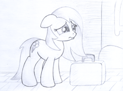 Size: 1164x862 | Tagged: safe, artist:legeden, derpibooru import, oc, oc only, briefcase, crying, monochrome, sad, solo, traditional art, train