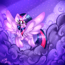 Size: 1280x1280 | Tagged: safe, artist:ladylullabystar, derpibooru import, twilight sparkle, twilight sparkle (alicorn), alicorn, pony, cloud, flying, solo