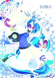 Size: 564x800 | Tagged: safe, artist:nabebuta, derpibooru import, dj pon-3, vinyl scratch, human, pony, unicorn, devil horn (gesture), heart, horn, horned humanization, human ponidox, humanized, music notes, self paradox, self ponidox, vinyl's glasses