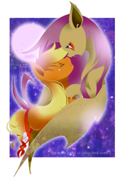 Size: 705x1000 | Tagged: safe, artist:nabebuta, derpibooru import, applejack, fluttershy, bat pony, earth pony, pony, appleshy, bat ponified, female, flutterbat, imminent kissing, lesbian, moon, race swap, shipping, species swap