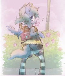 Size: 599x695 | Tagged: safe, artist:nabebuta, derpibooru import, princess luna, alicorn, pony, backpack, bipedal, clothes, eating flower, female, filly, flower, foal, socks, solo, striped socks, woona, younger