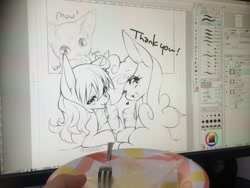 Size: 1024x768 | Tagged: safe, artist:nabebuta, derpibooru import, oc, oc only, oc:blazing saddles, oc:vapor trail, cat, drink, drinking, drinking straw, fork, heart, lineart, meow, photo, plate, thank you