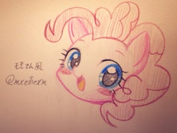 Size: 1024x768 | Tagged: safe, artist:halnohiroka, derpibooru import, pinkie pie, pony, blushing, happy, japanese, looking at you, sketch, smiling, smiling at you