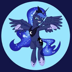 Size: 2297x2298 | Tagged: safe, artist:khaki-cap, derpibooru import, princess luna, alicorn, canon, crown, cutie mark, digital art, female, flying, jewelry, looking at you, mare, redraw, regalia, simple, simple background, simple shading, smiling, smiling at you, spread wings, wings