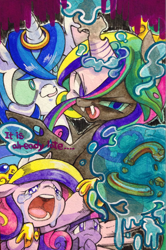 Size: 852x1280 | Tagged: safe, artist:mosamosa_n, derpibooru import, princess cadance, queen chrysalis, shining armor, twilight sparkle, alicorn, changeling, changeling queen, pony, unicorn, female, traditional art