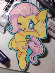 Size: 768x1024 | Tagged: safe, artist:mosamosa_n, derpibooru import, fluttershy, pegasus, pony, looking at you, one eye closed, salute, solo, starry eyes, stars, traditional art, wingding eyes, wink, winking at you