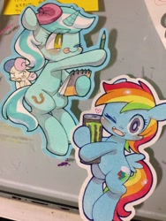 Size: 960x1280 | Tagged: safe, artist:mosamosa_n, derpibooru import, bon bon, lyra heartstrings, rainbow dash, sweetie drops, earth pony, pegasus, pony, unicorn, bipedal, japanese, monster energy, notebook, pencil, traditional art