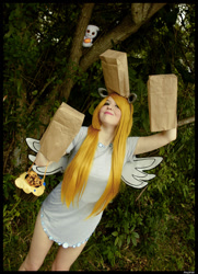 Size: 1024x1412 | Tagged: safe, artist:krazykari, derpibooru import, derpy hooves, human, clothes, cosplay, costume, food, irl, irl human, muffin, nightmare night costume, paper bag, paper bag wizard, photo