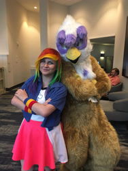 Size: 2121x2828 | Tagged: safe, artist:reinbewpastel, derpibooru import, gilda, rainbow dash, human, equestria girls, babscon, babscon 2018, clothes, cosplay, costume, fursuit, irl, irl human, multicolored hair, photo, rainbow hair