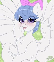 Size: 1060x1226 | Tagged: safe, artist:shinizavr, derpibooru import, oc, oc only, pegasus, pony, avatar, blushing, bow, chest fluff, ear fluff, ears, female, hair bow, looking at you, mare, smiling, smiling at you, solo, tongue, tongue out