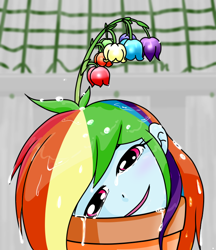 Size: 640x740 | Tagged: safe, artist:batipin, derpibooru import, rainbow dash, equestria girls, flower, flower in hair, hair, offscreen character, solo, vase, water, wet, wet mane, wtf