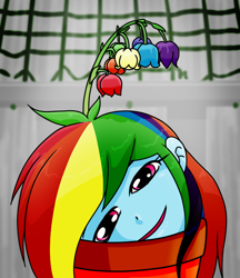 Size: 640x740 | Tagged: safe, alternate version, artist:batipin, derpibooru import, rainbow dash, equestria girls, flower, flower in hair, hair, offscreen character, solo, vase, water, wet, wet mane