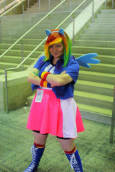 Size: 640x960 | Tagged: safe, artist:reinbewpastel, derpibooru import, rainbow dash, human, equestria girls, clothes, cosplay, costume, crossed arms, irl, irl human, multicolored hair, photo, rainbow hair, solo