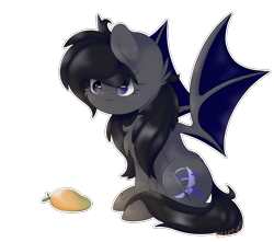 Size: 516x457 | Tagged: safe, artist:ezzerie, derpibooru import, oc, oc only, oc:midnight blitz, bat pony, pony, chest fluff, food, mango, simple background, solo, transparent background