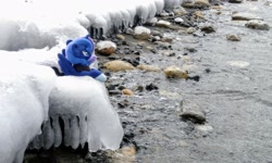 Size: 2048x1231 | Tagged: safe, derpibooru import, photographer:pakapaka1993, princess luna, pony, seapony (g4), icicle, irl, japan, photo, plushie, race swap, rock, snow, solo, water, winter