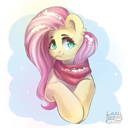 Size: 1280x1280 | Tagged: safe, artist:verylazybread, derpibooru import, fluttershy, pegasus, pony, clothes, cute, female, looking at you, mare, scarf, shyabetes, smiling, smiling at you, snow, solo