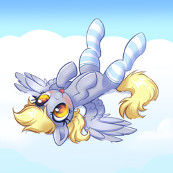 Size: 4000x4000 | Tagged: safe, alternate version, artist:confetticakez, derpibooru import, derpy hooves, pegasus, pony, :p, absurd resolution, blushing, clothes, cloud, cute, derpabetes, female, heart eyes, lying down, lying on a cloud, mare, on a cloud, on back, patreon, patreon reward, socks, solo, spread wings, stockings, striped socks, thigh highs, tongue, tongue out, wingding eyes, wings