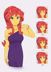 Size: 2121x3000 | Tagged: safe, artist:dragonemperror2810, derpibooru import, sunset shimmer, equestria girls, alternate hairstyle, armlet, bare shoulders, beautiful, blushing, bracelet, clothes, cute, dress, female, frown, high res, jewelry, looking at you, necklace, off shoulder, one eye closed, pouting, purple dress, shimmerbetes, sleeveless, smiling, solo, wink